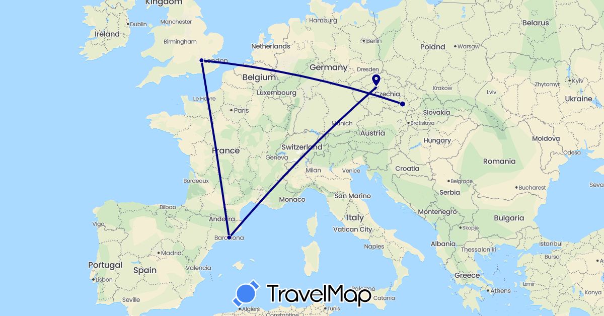 TravelMap itinerary: driving in Czech Republic, Spain, United Kingdom (Europe)